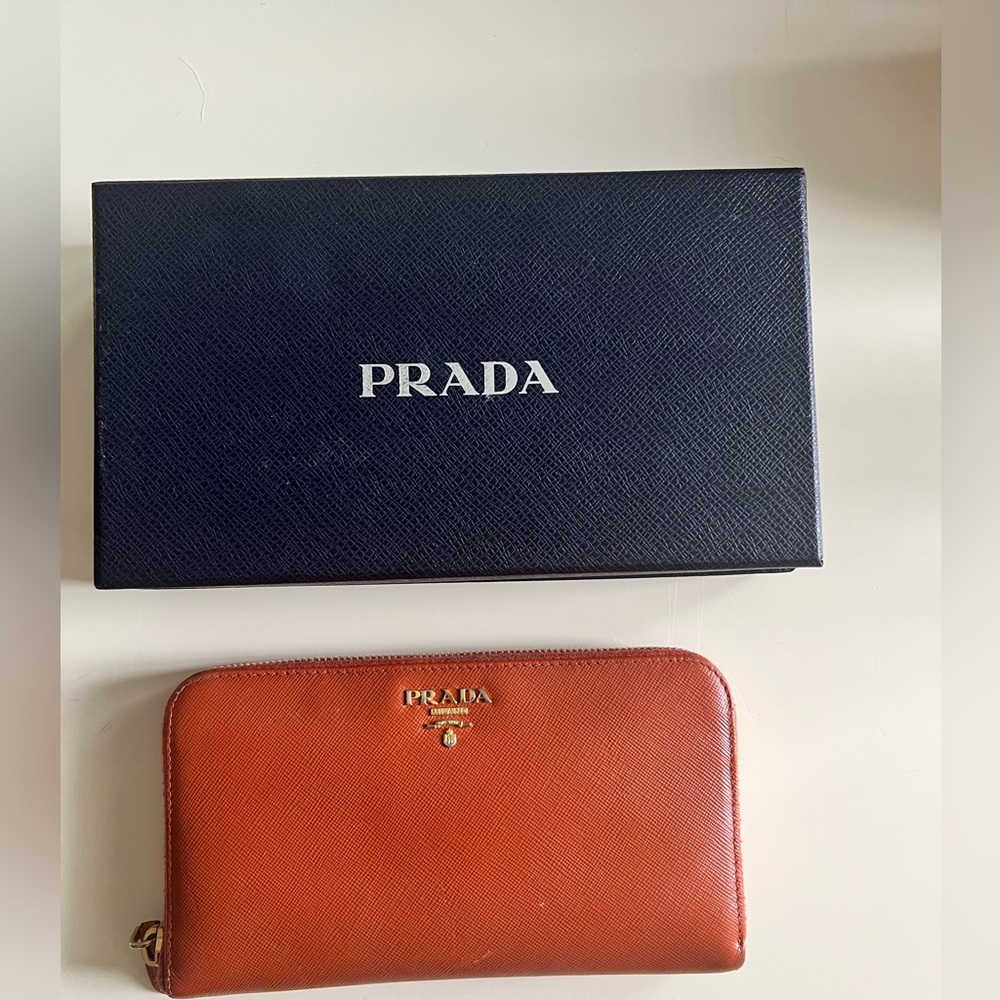 PRADA Saffiano Metal Zip Around Wallet Rame